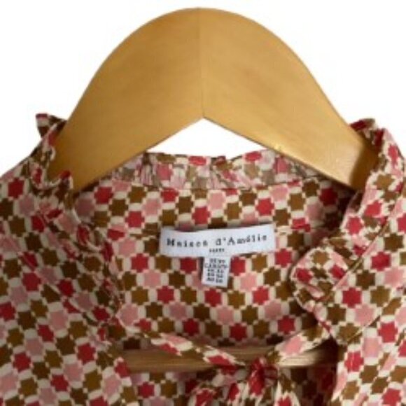 Maison d'Amelie Ruffle Neck Pink & Brown Long Sleeve Blouse XSmall - Picture 2 of 4